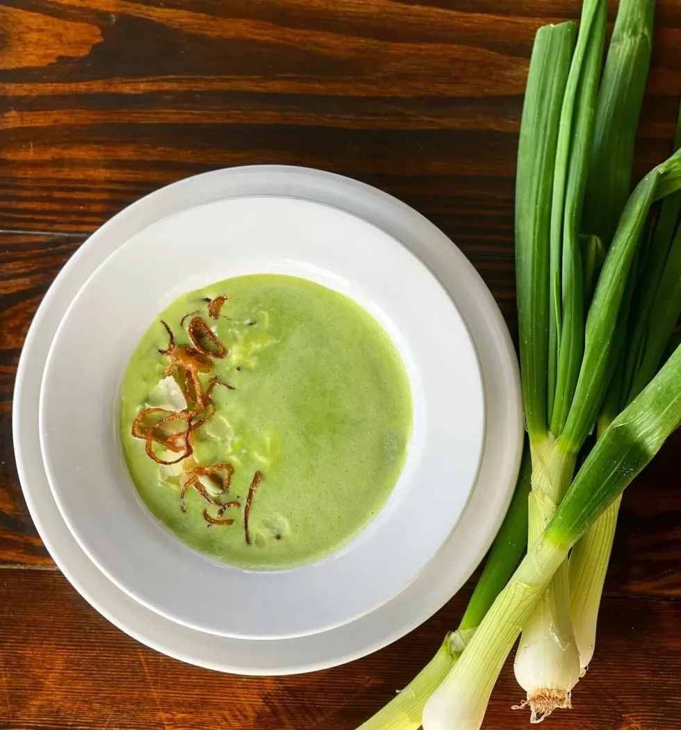 A bowl of soup sits next to green onions.