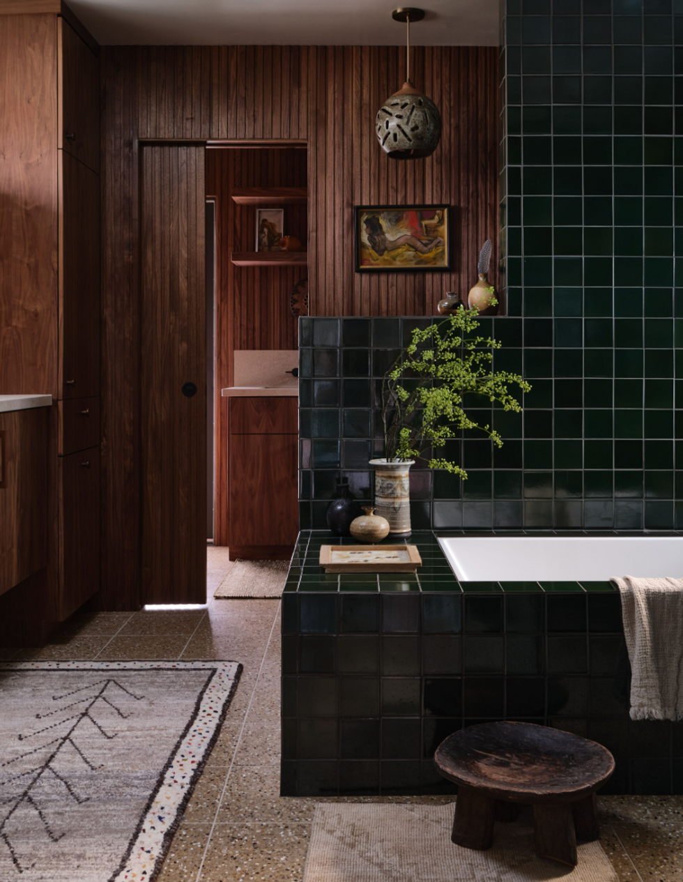 a completely renovated bathroom in 70s style