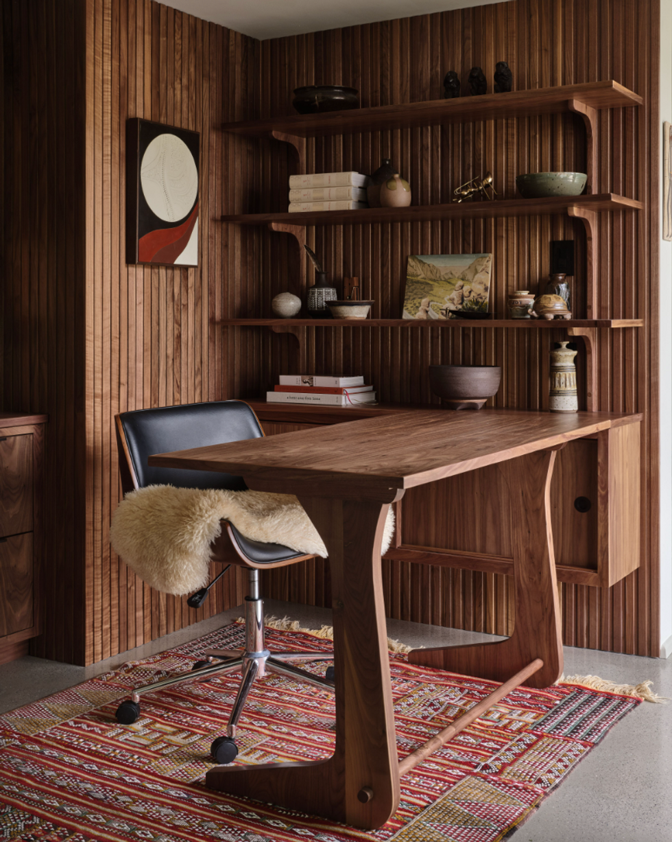 a completely renovated home office in 70s style