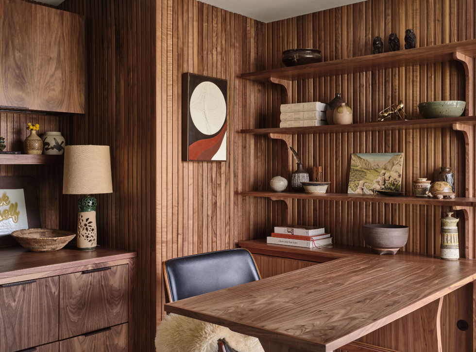 a completely renovated home office in 70s style