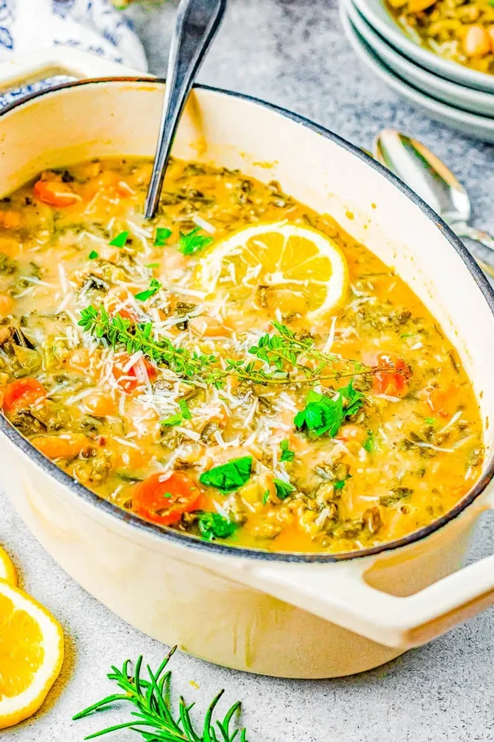 A pot of stew is on the counter.