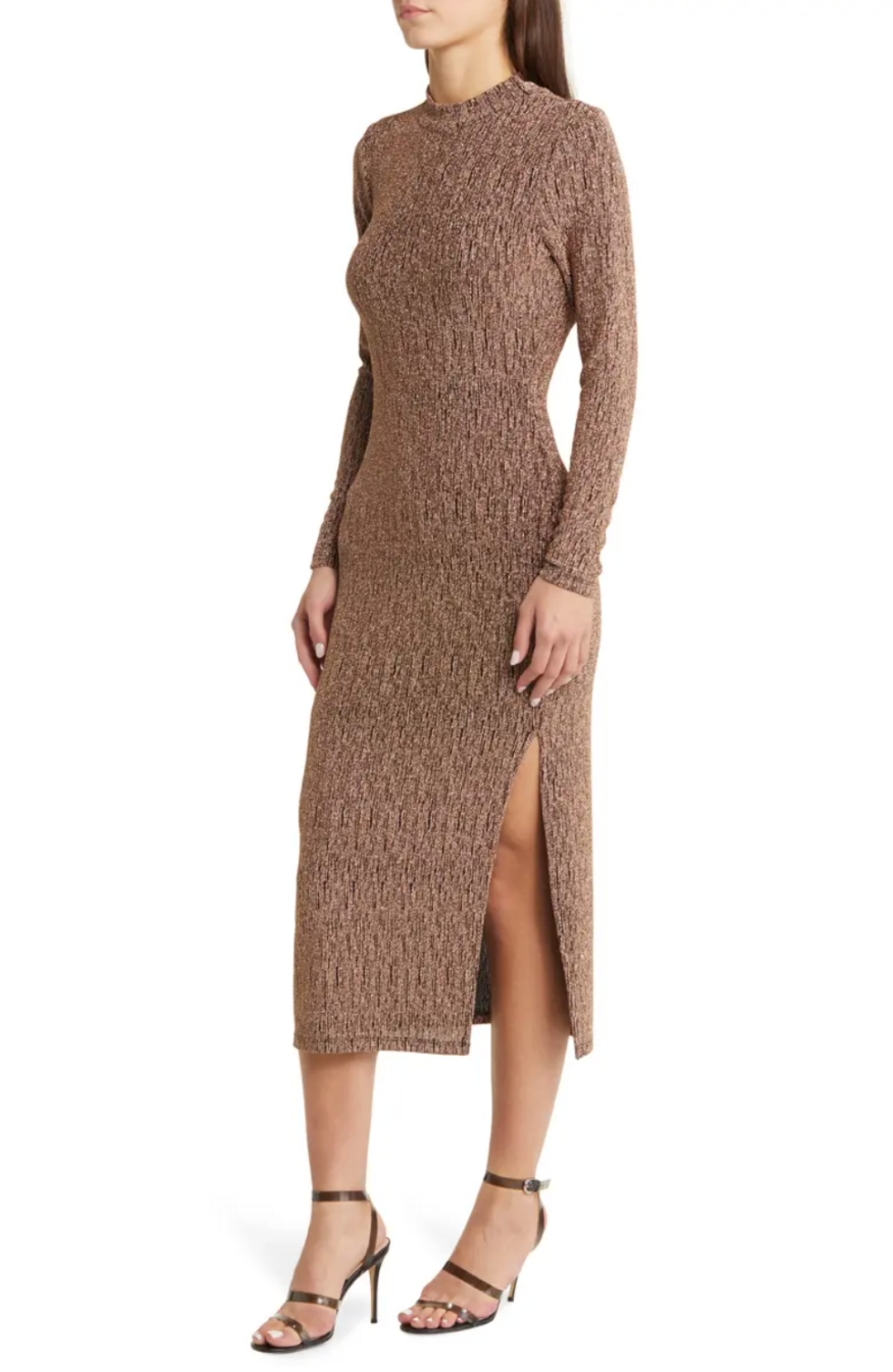 All in Favor Metallic Long Sleeve Body-Con Midi Dress