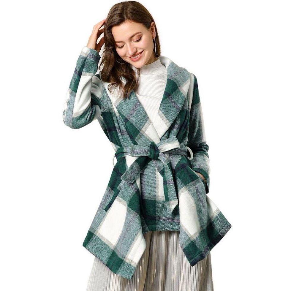 Allegra K Women's Thin Belted Plaids Wrap Coat