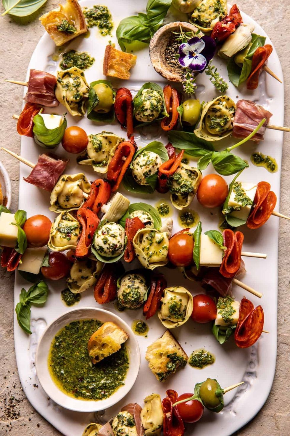 Antipasto Tortellini Skewers with Lemon Basil Vinaigrette