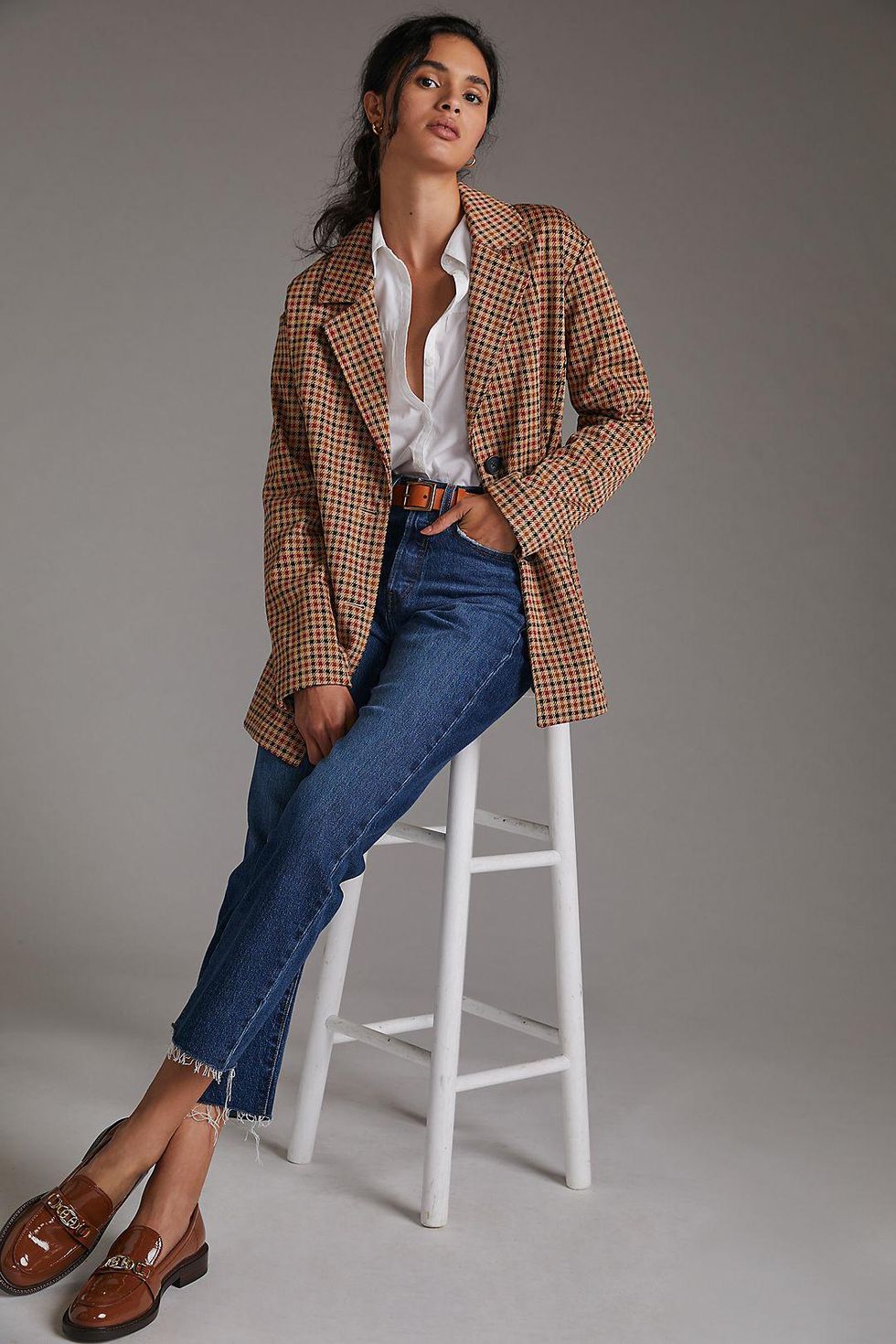 Avec Les Filles Longline Plaid Blazer