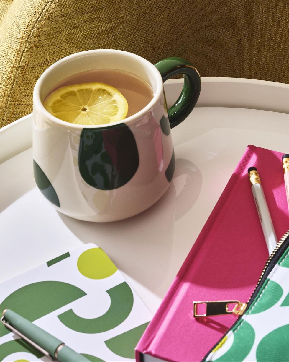 avocado mug with soft cover journals and pencil pouch