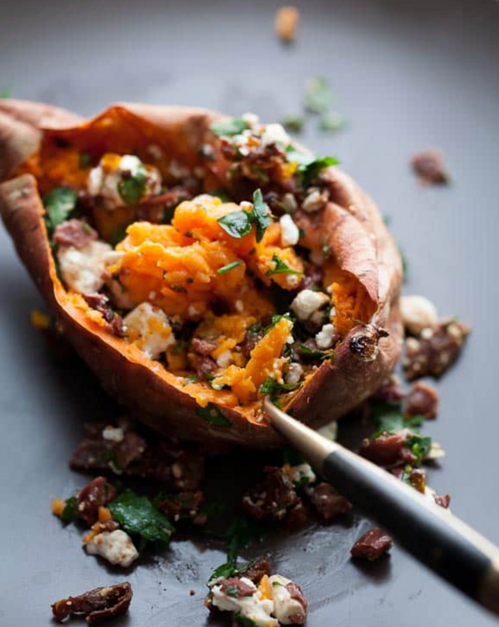 Baked Sweet Potatoes Stuffed With Feta, Olives and Sundried Tomatoes