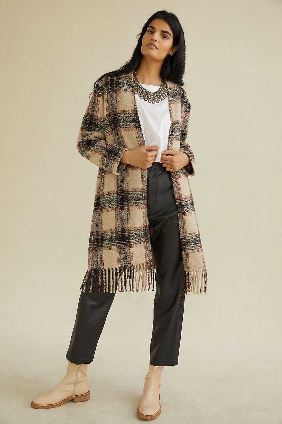 BB Dakota Fringed Plaid Duster Jacket