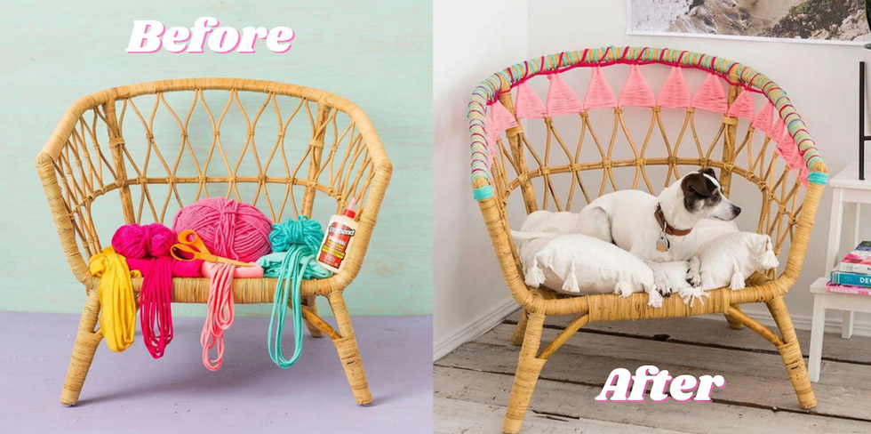 before and after of a rattan chair yarn diy