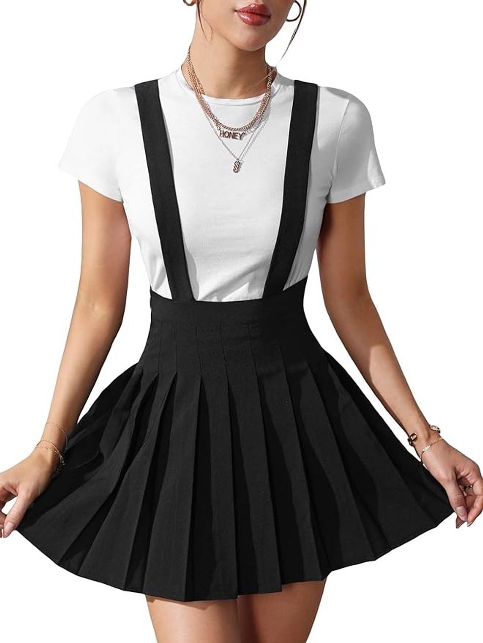 Black Pleated Suspender Skirt