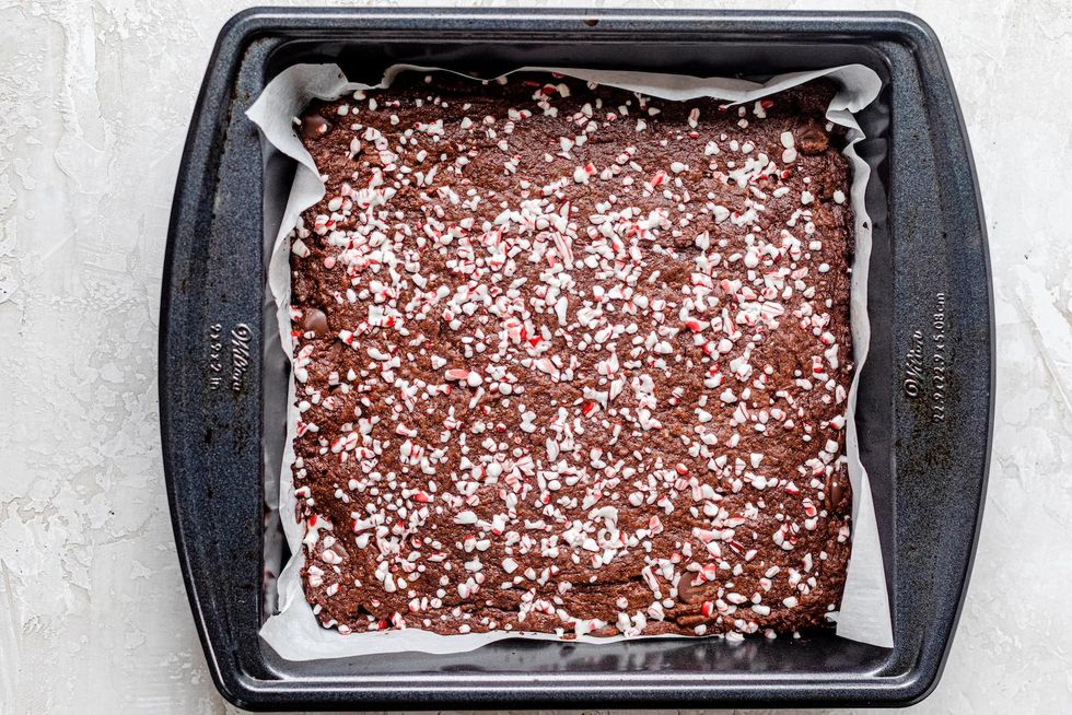 brownies in a pan with candy canes on top