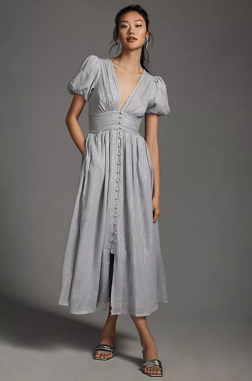 By Anthropologie The Katerina Lurex Button-Front Dress in Grey