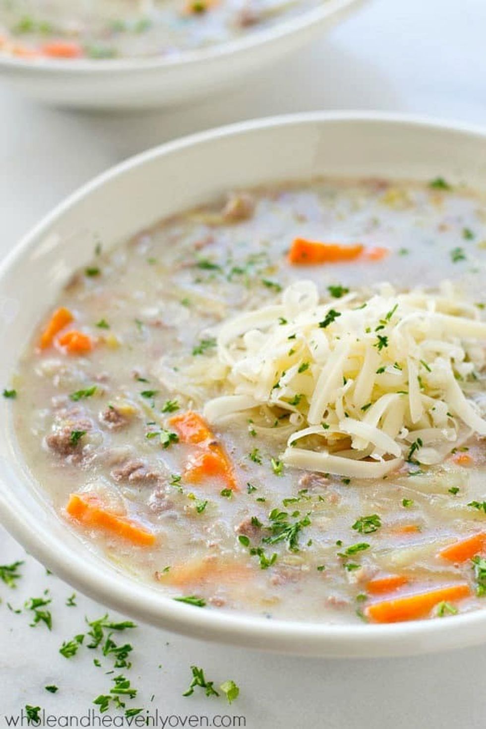 Cheeseburger soup is in a bowl.