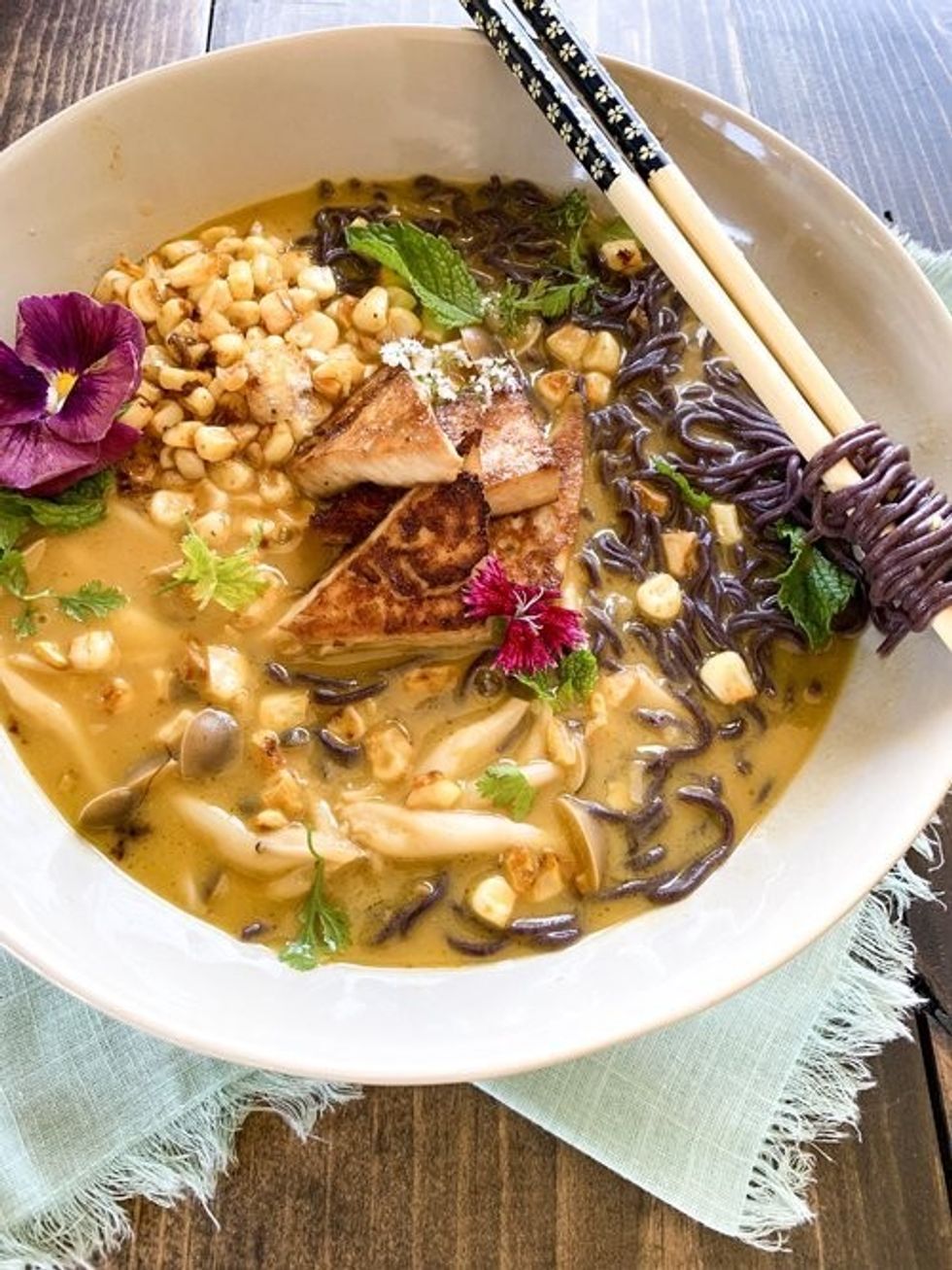 Coconut Mint Ramen with Seared Maple Tofu and Corn