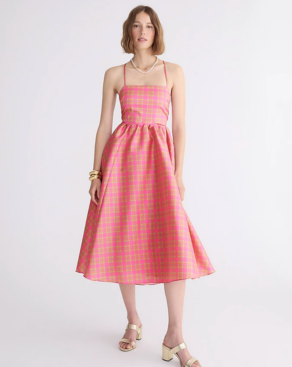 Collection Squareneck Stretch Taffeta Dress in Pink Sunset Plaid