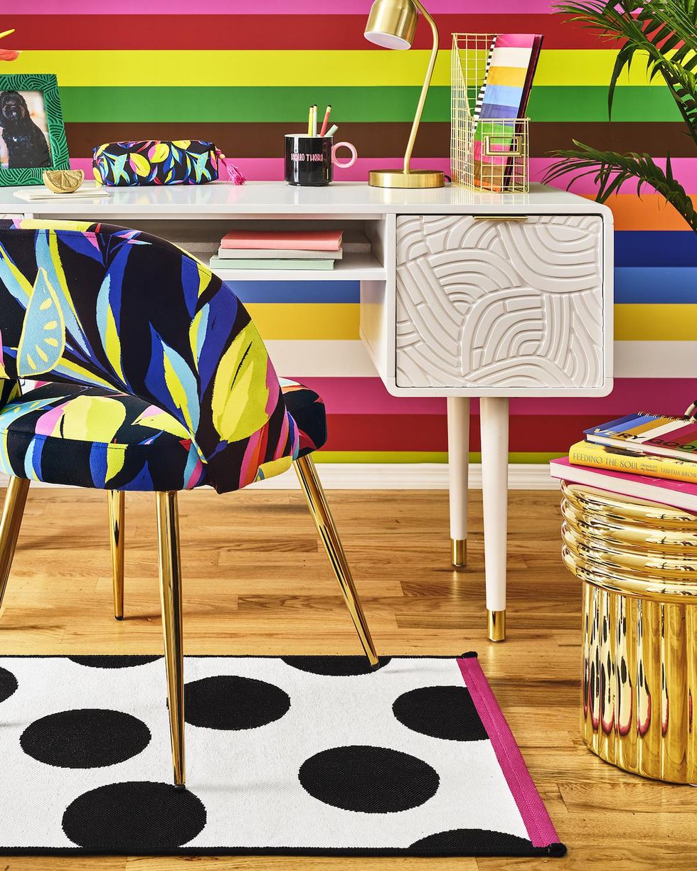 colorful office setup with accent rug gold table and lemon pencil pouch