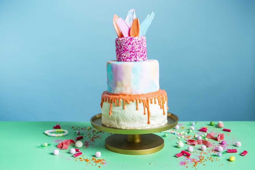 colorful three tiered cake