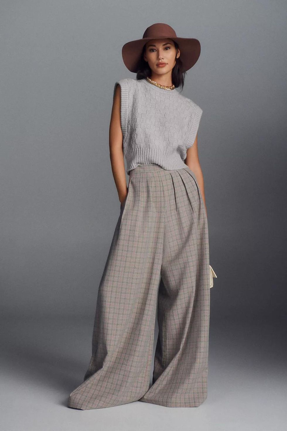 Corey Lynn Calter Pleated Wide-Leg Plaid Trousers