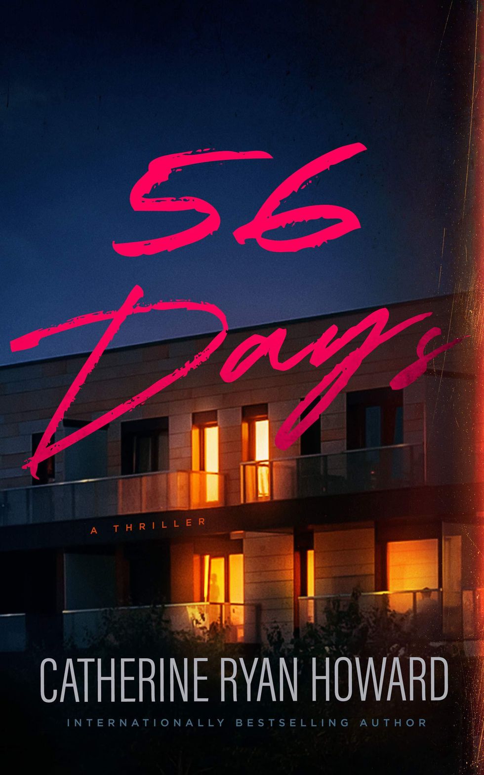 cover of 56 days with a motel in the dark with a light on and white and hot pink lettering