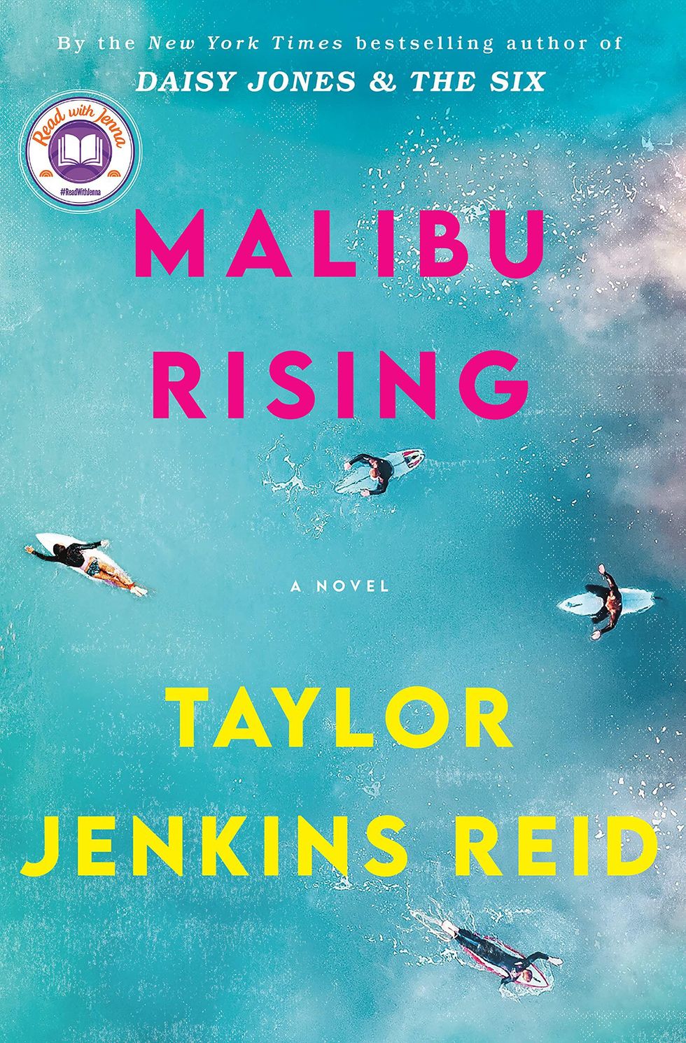 cover of malibu rising with surfers paddling in the water and yellow and hot pink lettering New Books To Read for summer