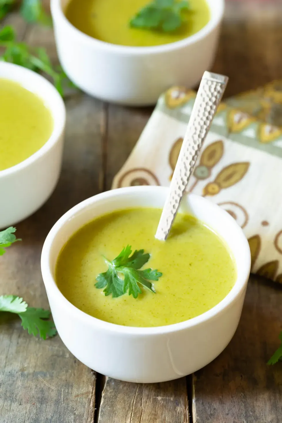 Creamy soup sits in a white bowl.