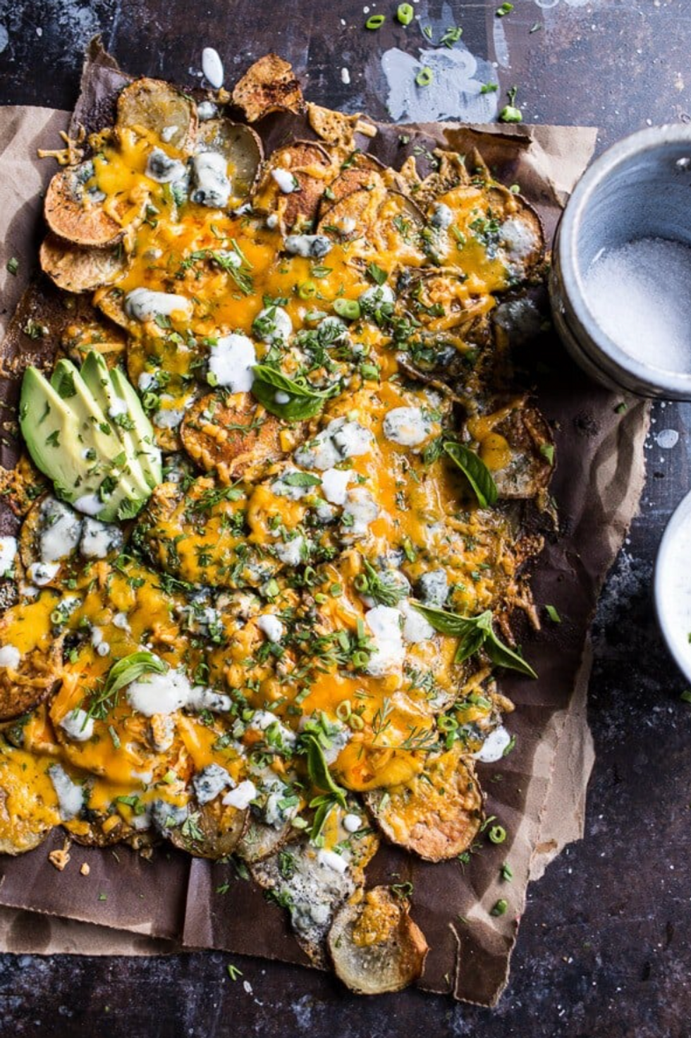 Crispy Buffalo Cheddar Potato Nachos