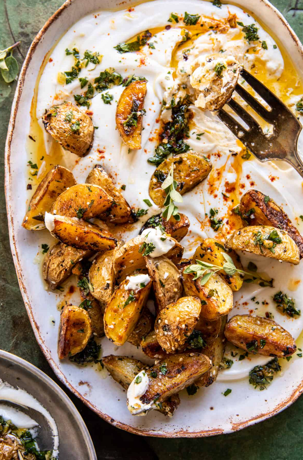 Crispy Oregano Roasted Potatoes with Creamy Feta Sauce