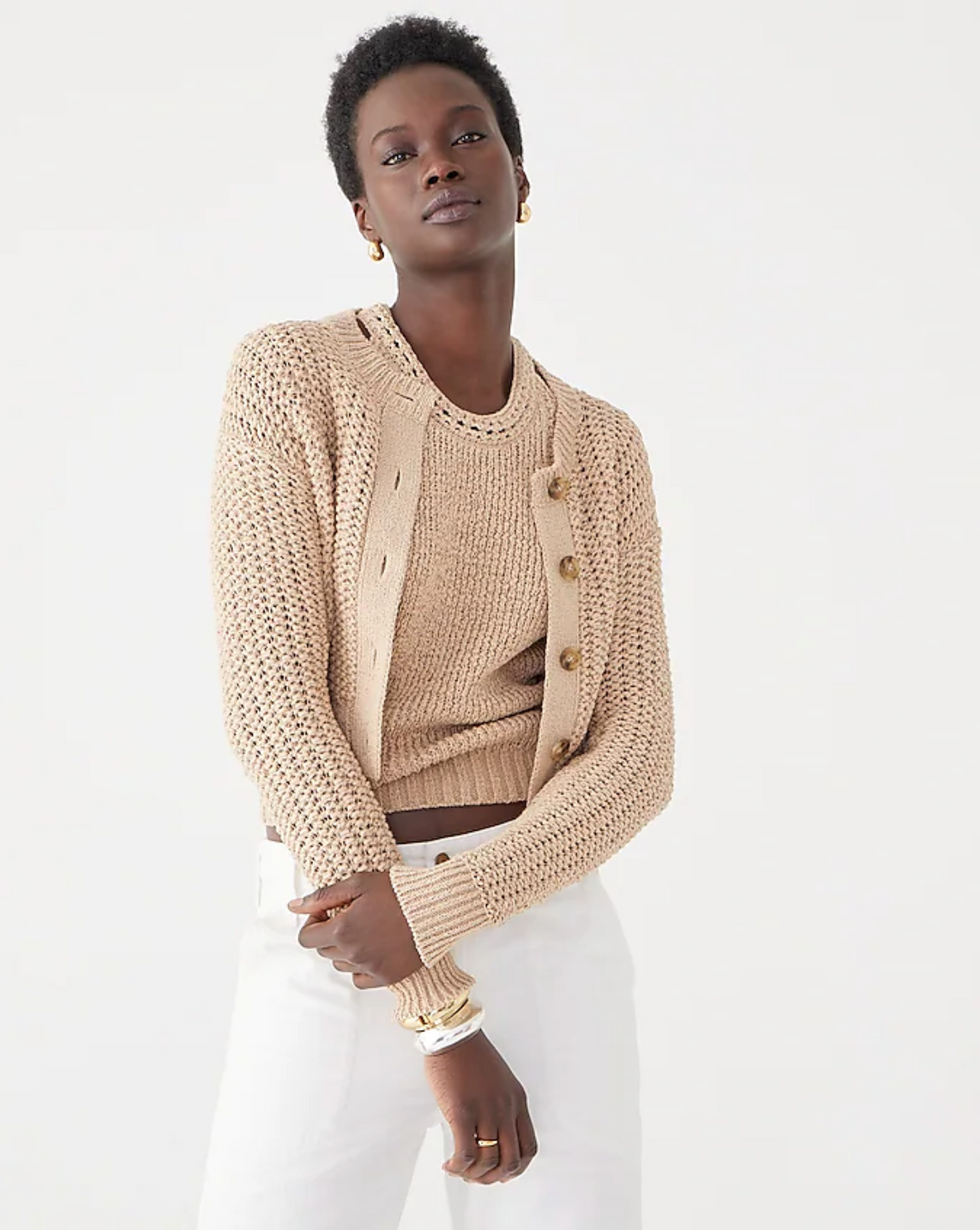 Cropped Cardigan Sweater in Dark Beechwood Textured Pointelle