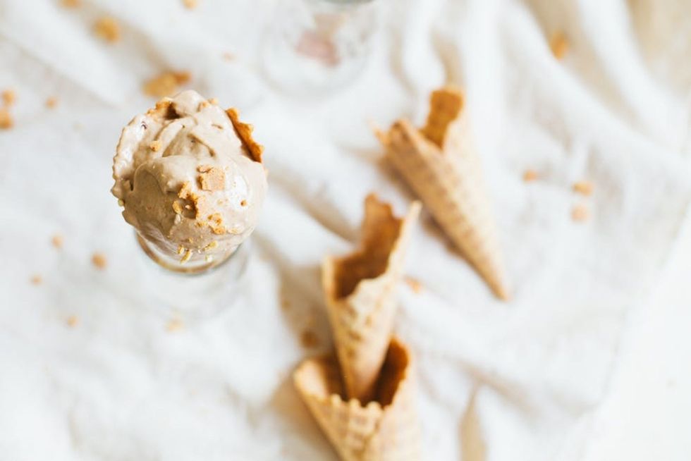 dairy-free banana, chocolate, and peanut butter ice cream cone