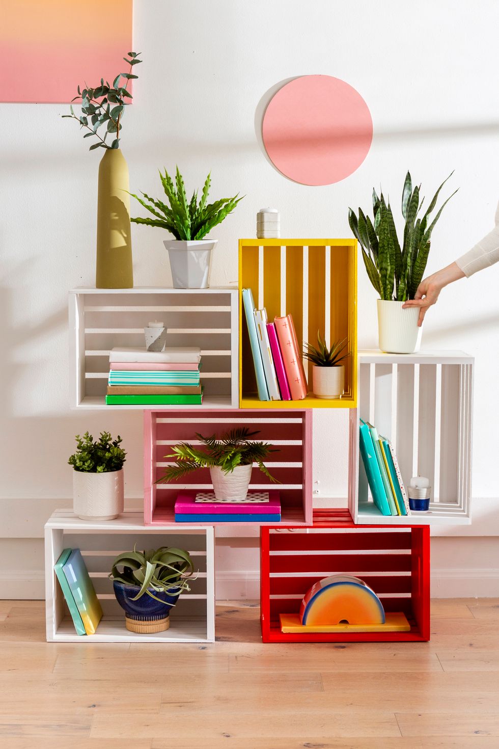 rainbow diy storage bins with books and plants