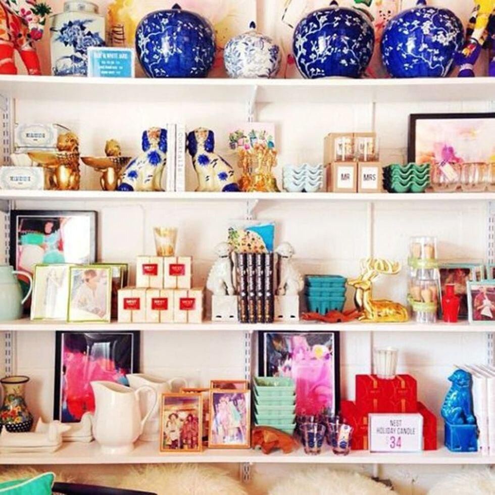 shelf with colorful decor