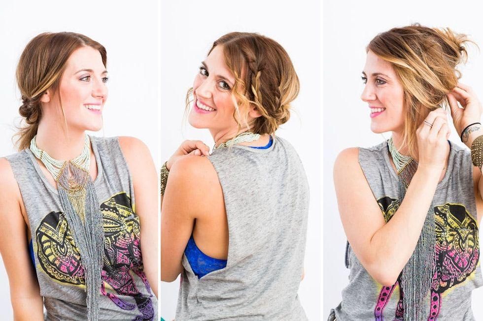 model wears three different hairstyles with twists, braids, and a messy updo