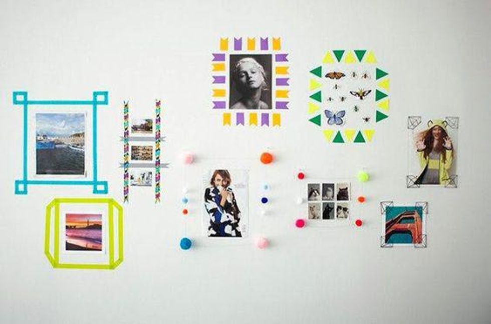 diy washi tape wall art with multi colored, green, blue, purple, and yellow Washi tape