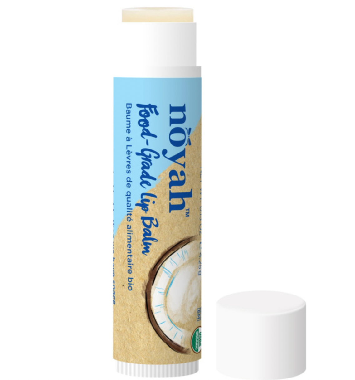 tan, blue, and white tube of food-grade vanilla lip balm