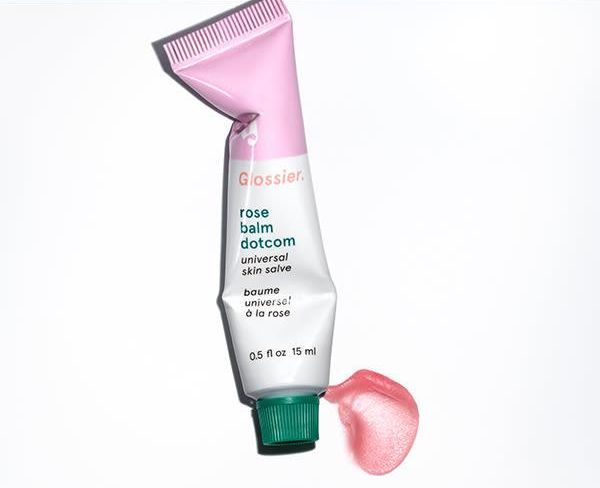 glossier balm dotcom in rose with pink, white, and green tube