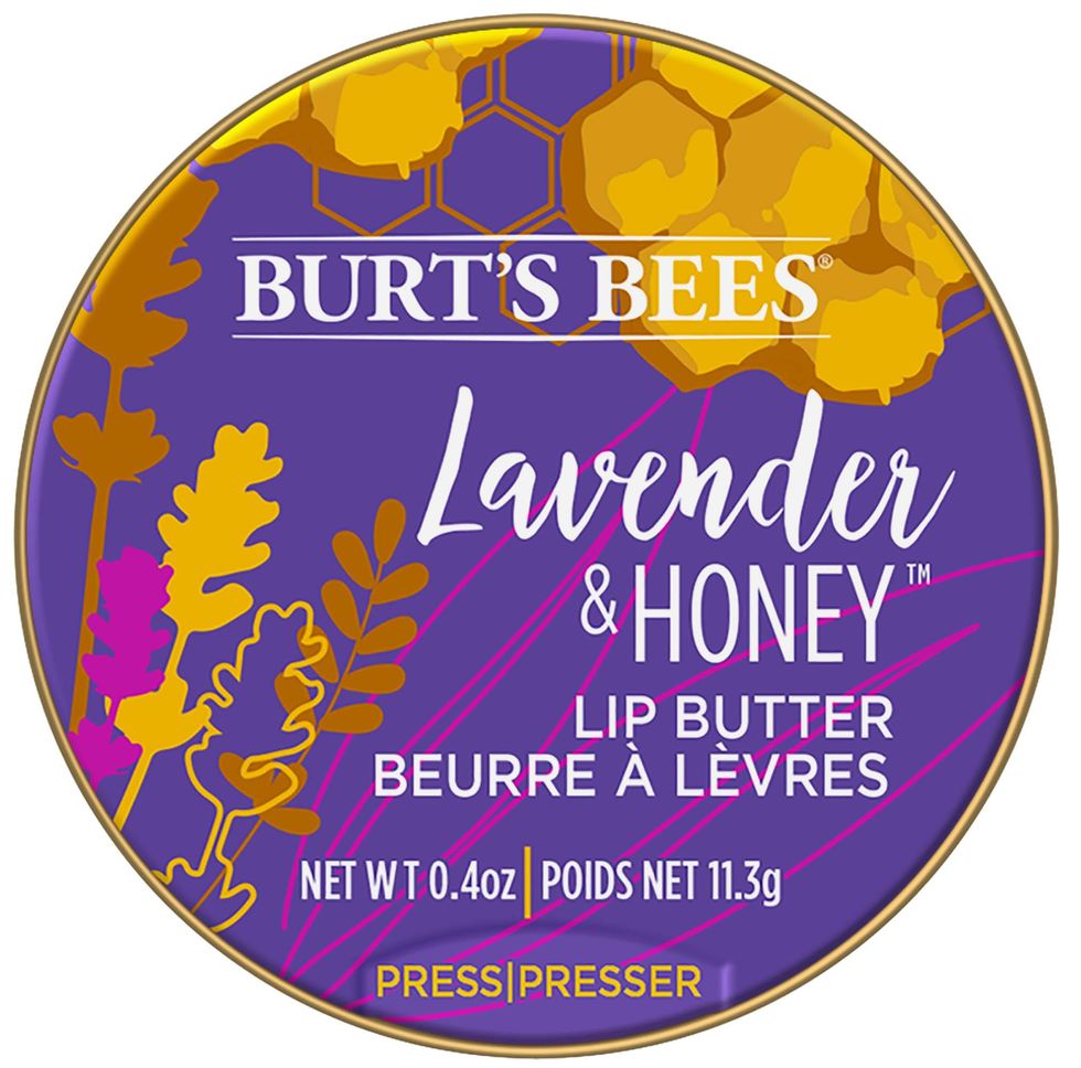 Purple, yellow, pink tin of lip butter from burt's bees