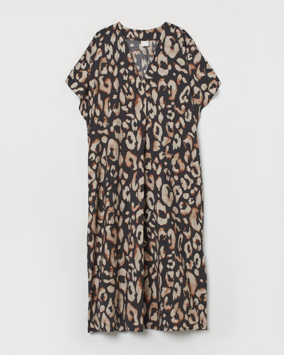 dark kaftan dress with tan leopard print