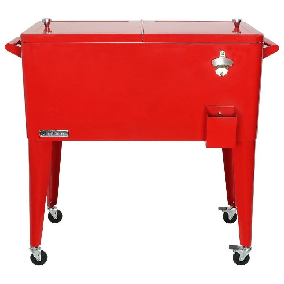 a red permasteel cooler on wheels for a dinner party