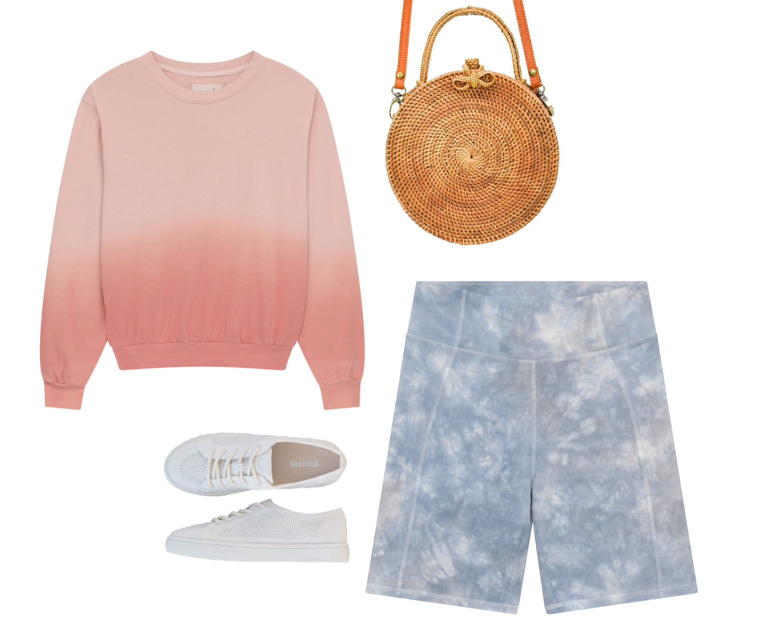 sweatshirt, sneakers, biker shorts and circle bag outfit