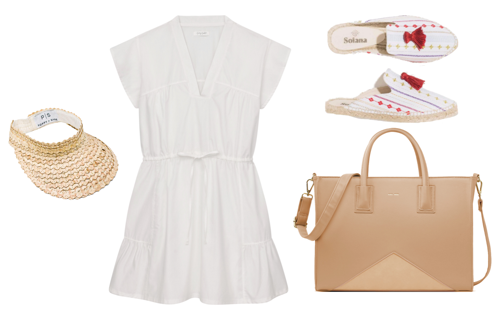 outfit with white dress, rainbow shoes and tan accessories