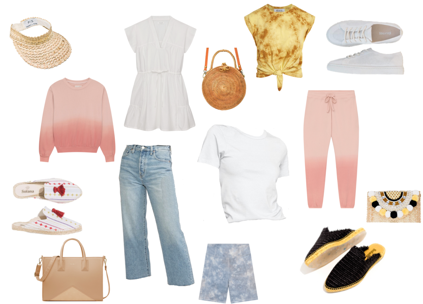 summer capsule wardrobe pieces in a blue, white, yellow, and pink color palette