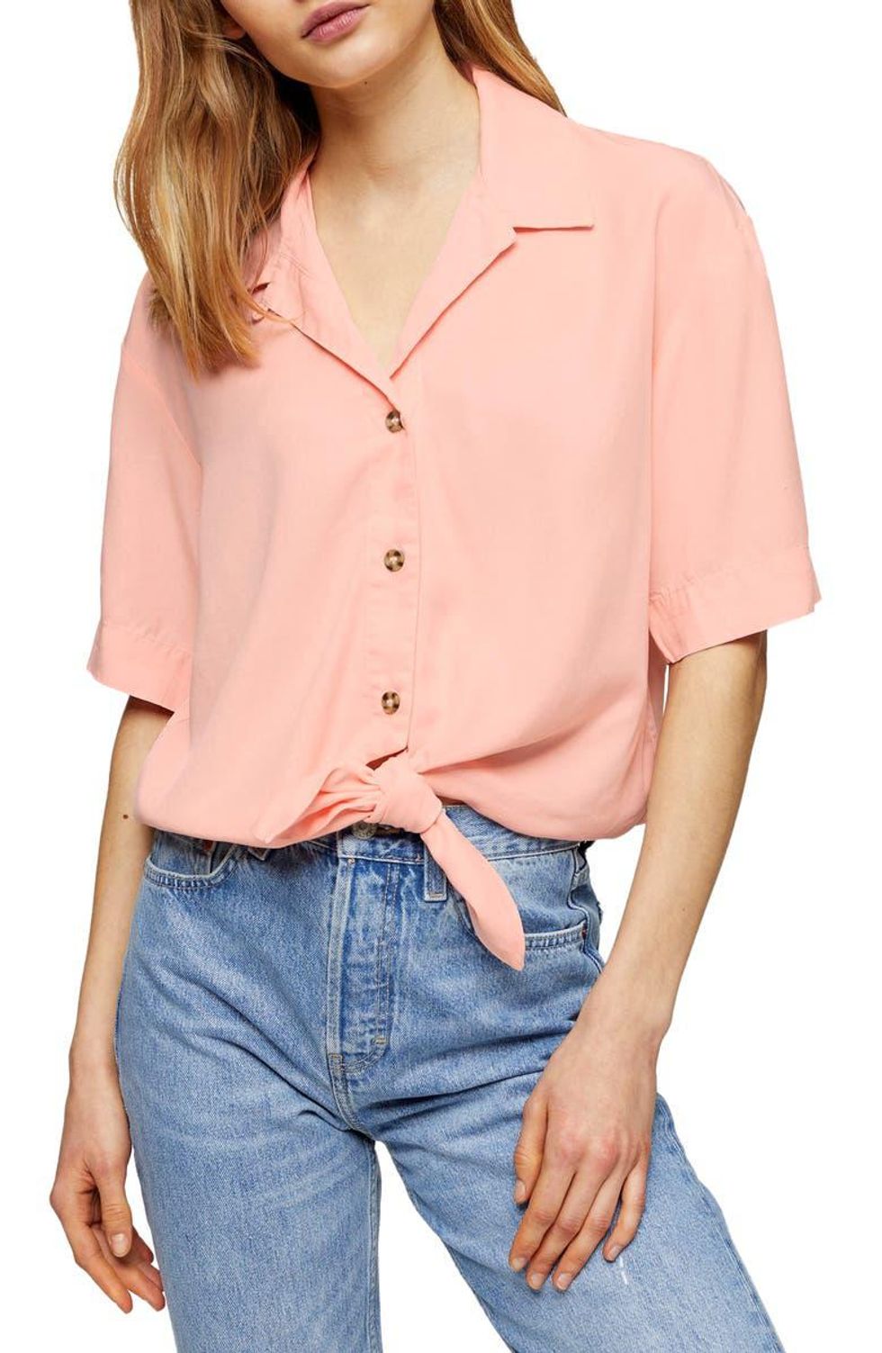 pink button up blouse with tie front