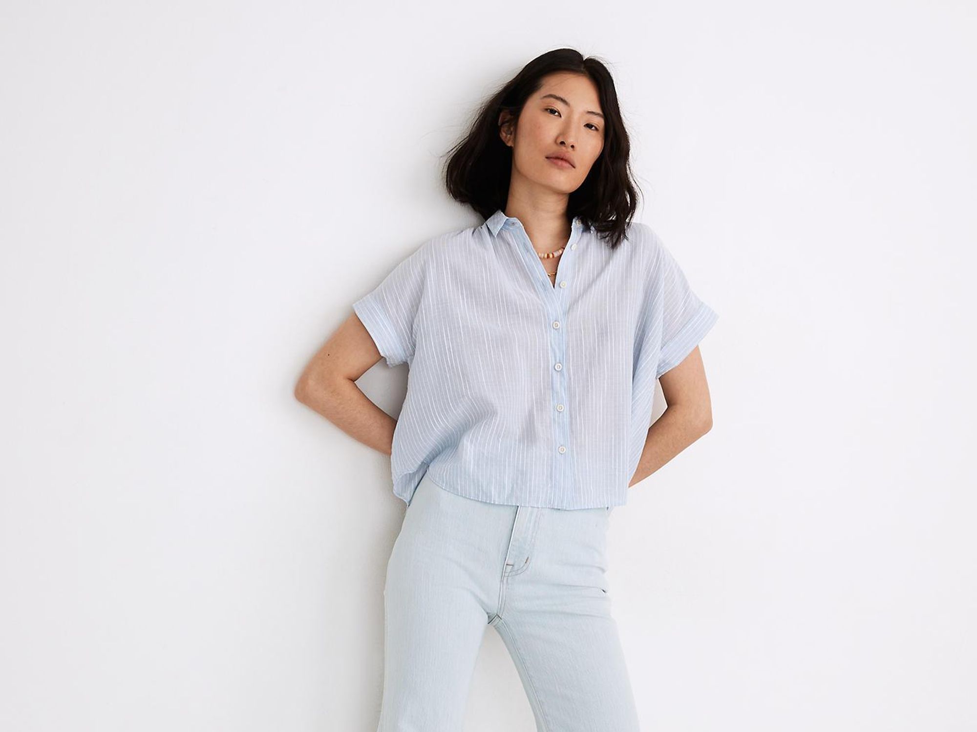 blue and white striped button down