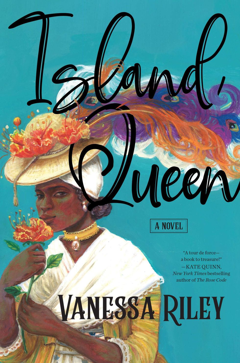 turquoise island queen book with woman in a yellow dress and black writing