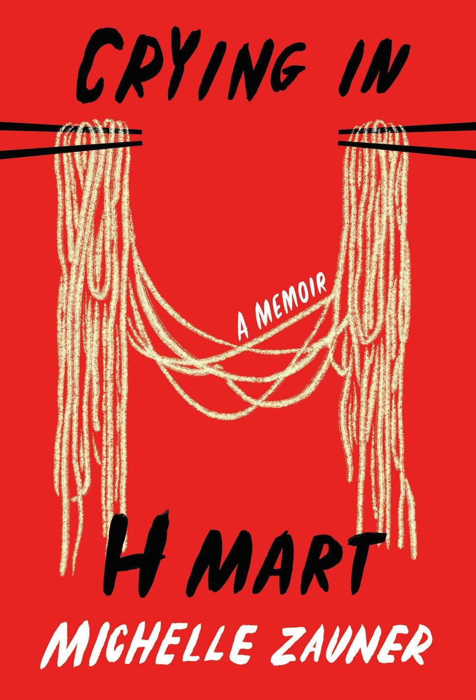 red cover of crying in h mart with black and white lettering and chopsticks connected by noodles