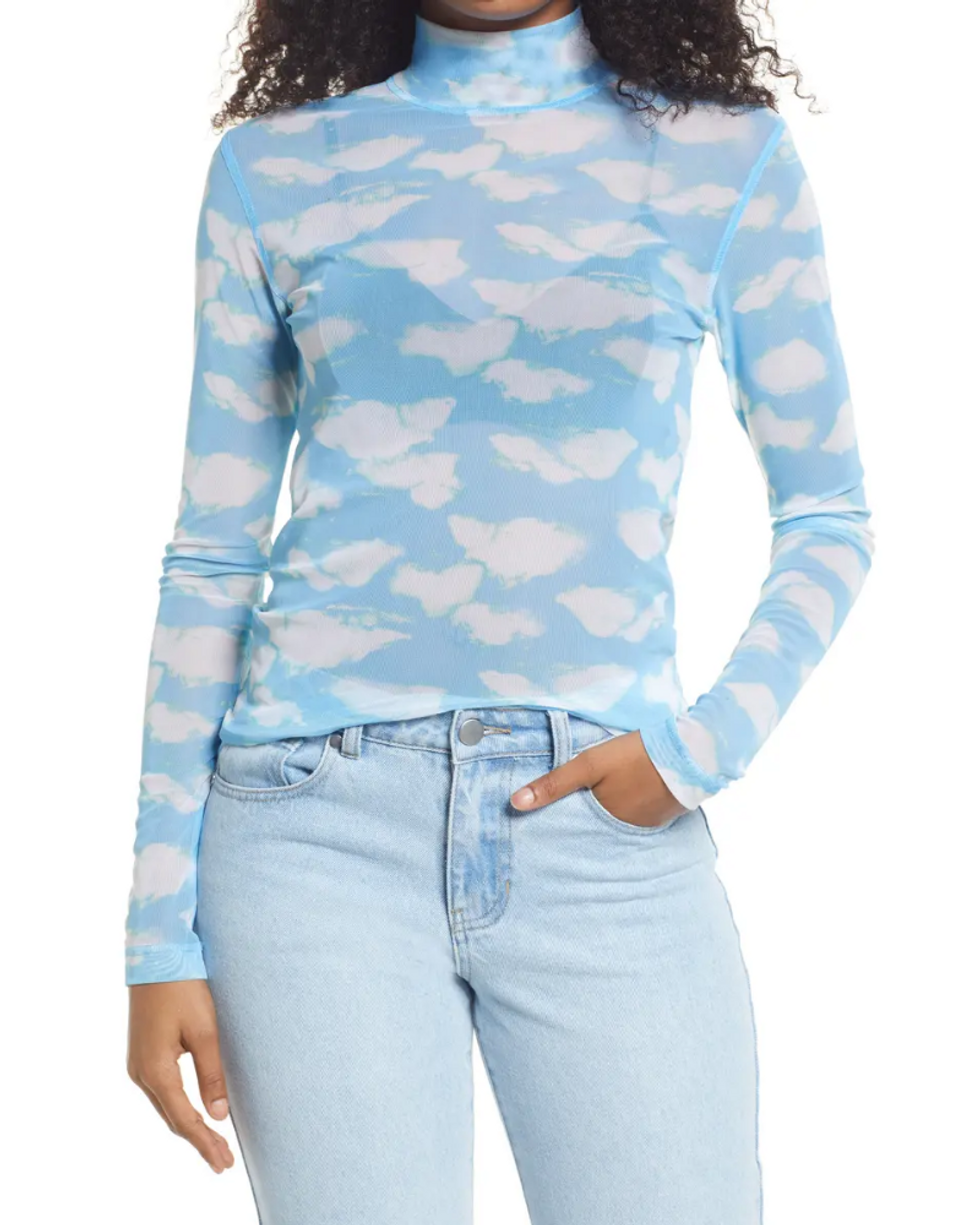 blue Print Mesh Turtleneck Top with white clouds