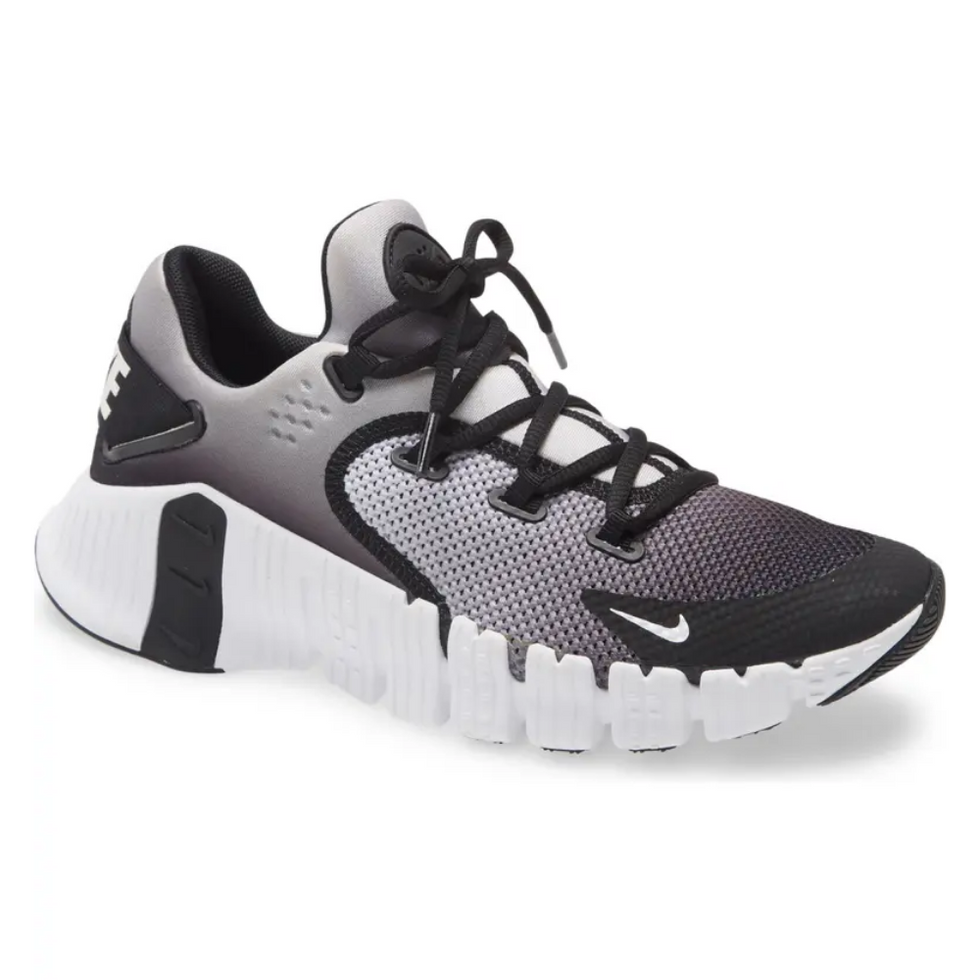 black, gray, and white Nike Free Metcon 4 Training Shoe