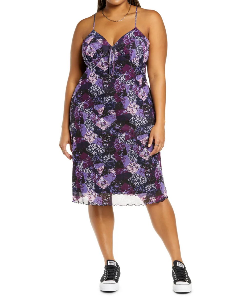 print mesh slip dress purple and black