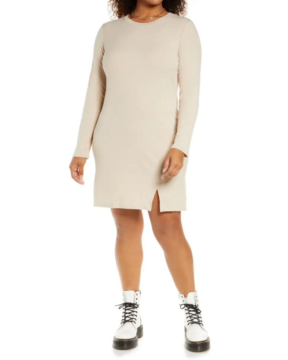 Front Slit Long Sleeve Rib Dress with white combat boots