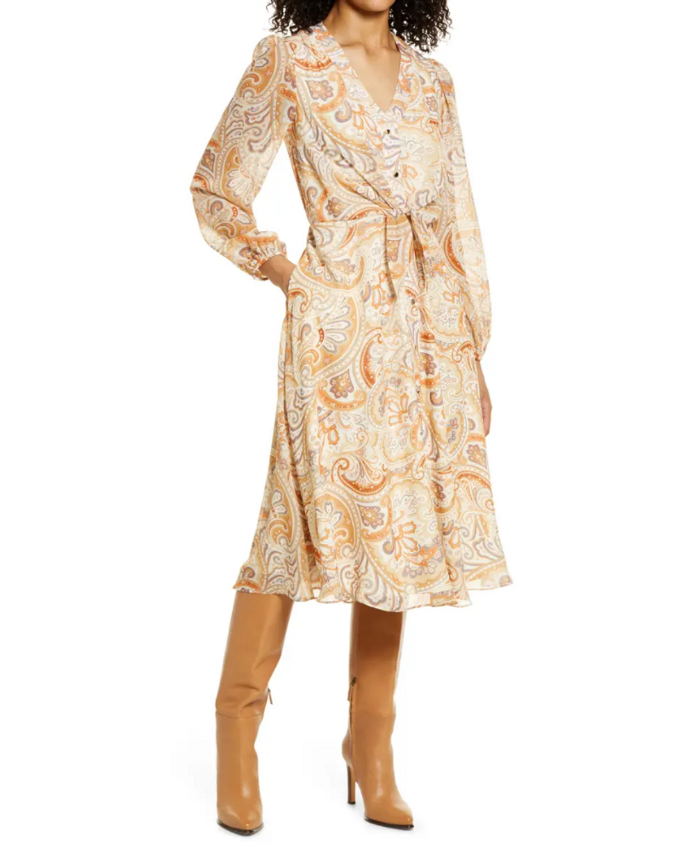 paisley dress orange cream and brown